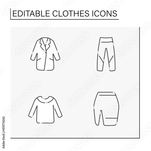 Clothes line icons set. Trendy outfits. Coat, jeans, mini skirt and sweater. Fashionable clothing. Shopping concept. Isolated vector illustration. Editable stroke