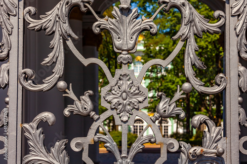 St. Petersburg, Russia, July 23, 2021. One of the main attractions of the city is the building of the State Hermitage Museum, the Winter Palace. Fragment of skillful openwork fence