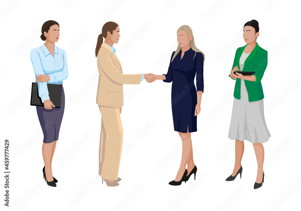 Collection Business people woman design vector in different poses Set successful business woman  or a teacher. business women shake hands. illustrations of corporate dress code. 