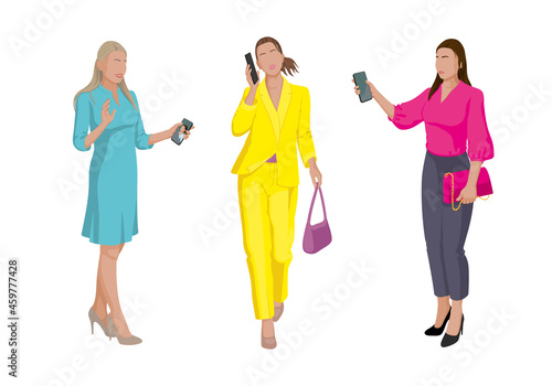 Phone talk. Young woman, employee answering calls, speaks; clients by phone. Business and office jobs concept. Women girlfriends have conversation. Vector illustration.