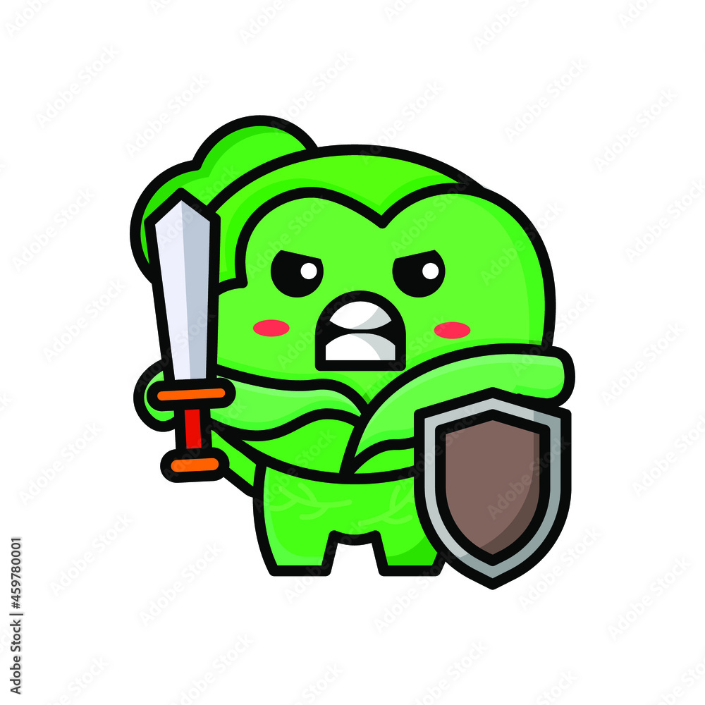 cute cabbage holding sword and shield icon illustration vector graphic cute cabbage holding sword and shield icon illustration vector graphic