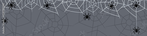 frame with spiders and cobwebs on gray background
