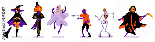 Halloween monsters set. Costumes. Creepy and funny monsters on a white background in a single color palette. Witch, pumpkin head, ghost, zombie, skeleton and grim reaper. Colorful vector illustration 