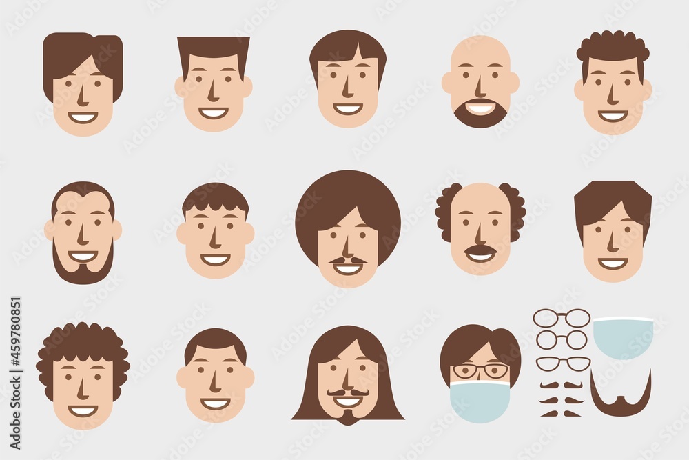 14 sets of illustration of male hairstyles + mask and glasses. 14 sets of illustration of male hairstyles + mask and glasses.