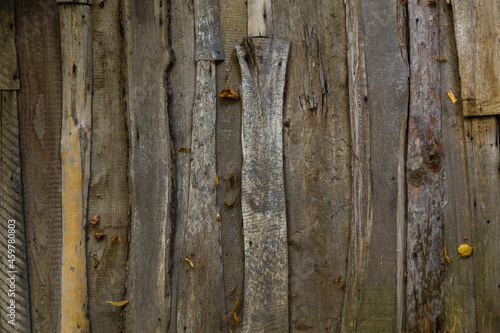 Fence from old unedged boards. Wooden croaker plate texture flat full frame background. photo