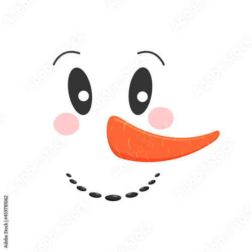 Cute snowman face. Funny snow man head with carrot nose and rosy cheeks. Winter holidays design. Vector cartoon illustration.