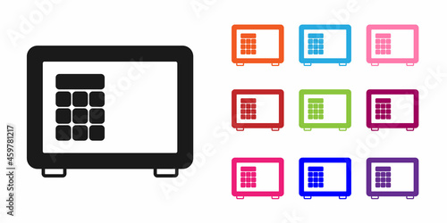 Black Safe icon isolated on white background. The door safe a bank vault with a combination lock. Reliable Data Protection. Set icons colorful. Vector