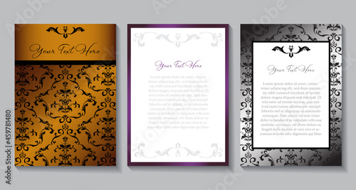 A set of Halloween card designs with damask and bats
