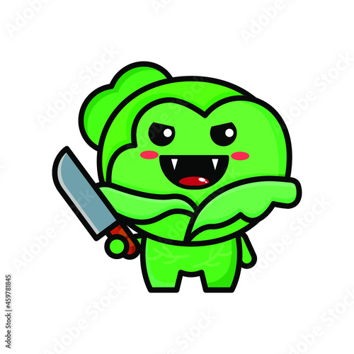cute cabbage holding a knife icon illustration vector graphic