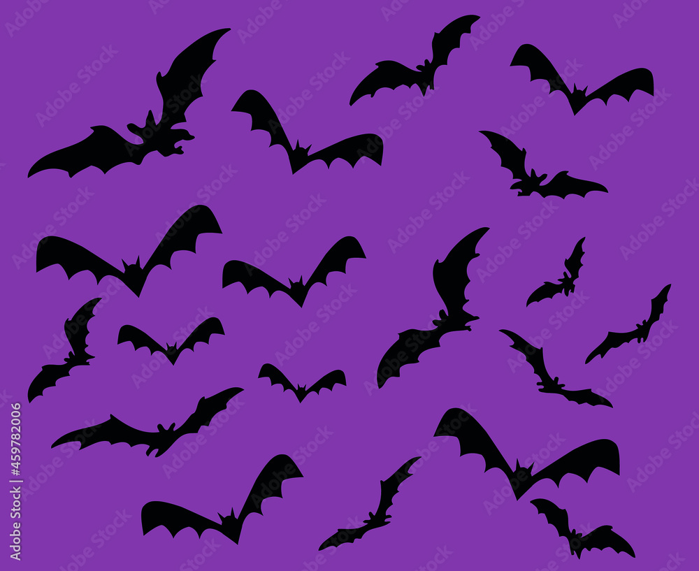 Bats Black Objects Signs Symbols Vector Illustration With Purple Background Bats Black Objects Signs Symbols Vector Illustration With Purple Background