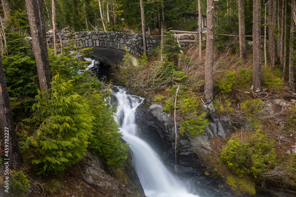 Paradise river and bridge near Narada Falls at Mount Rainier National Park in Washington State during summer. Paradise river and bridge near Narada Falls at Mount Rainier National Park in Washington State during summer.