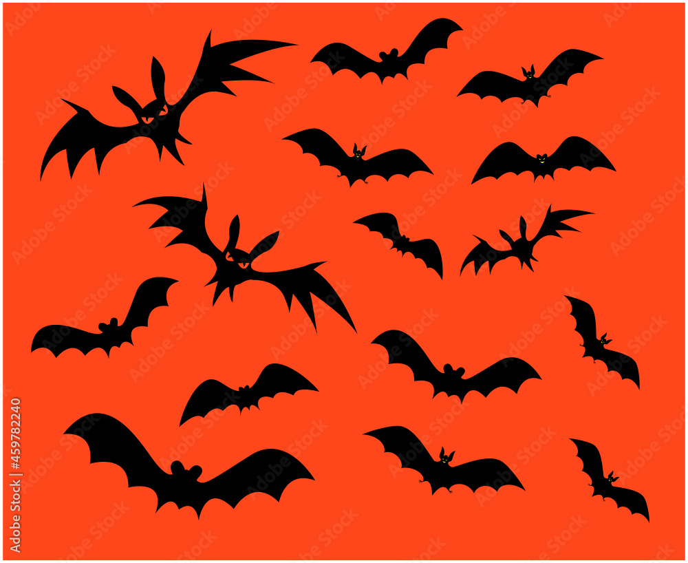 Bats Black Objects Signs Symbols Vector Illustration With Orange Background