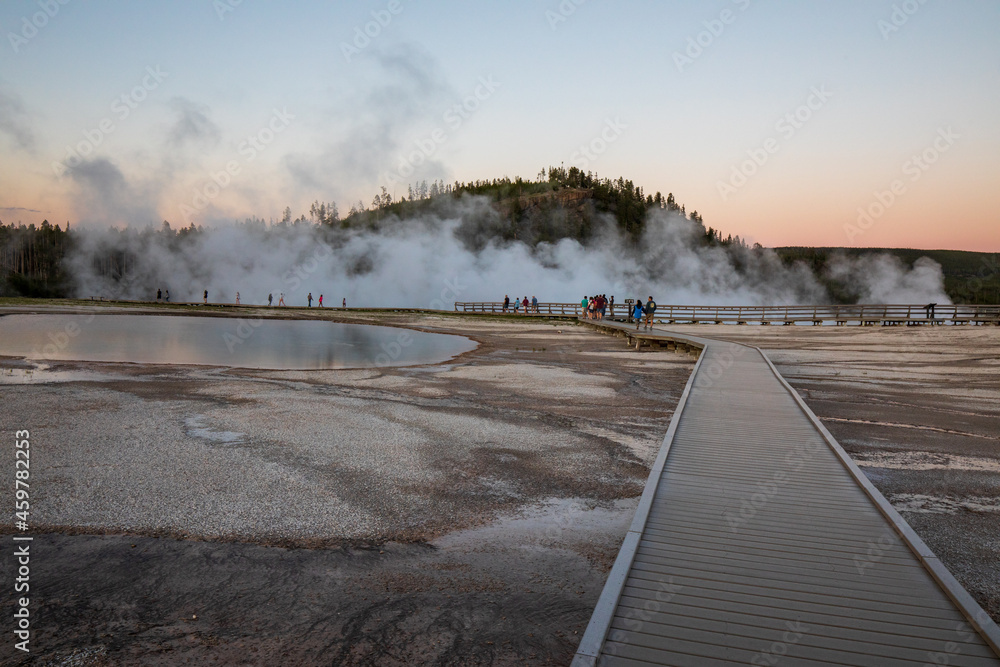 Beautiful sunset at Midway Geyser Basin, Yellowstone National Park Wyoming. Blue hours.