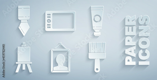 Set Picture, Tube with paint palette, Easel or painting art boards, Paint brush, Graphic tablet and Palette knife icon. Vector