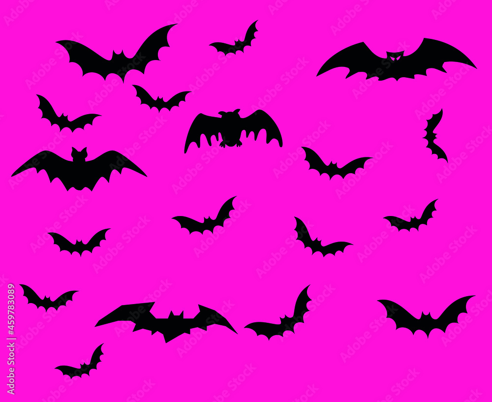 Bats Black Objects Signs Symbols Vector Illustration With Pink Background Bats Black Objects Signs Symbols Vector Illustration With Pink Background