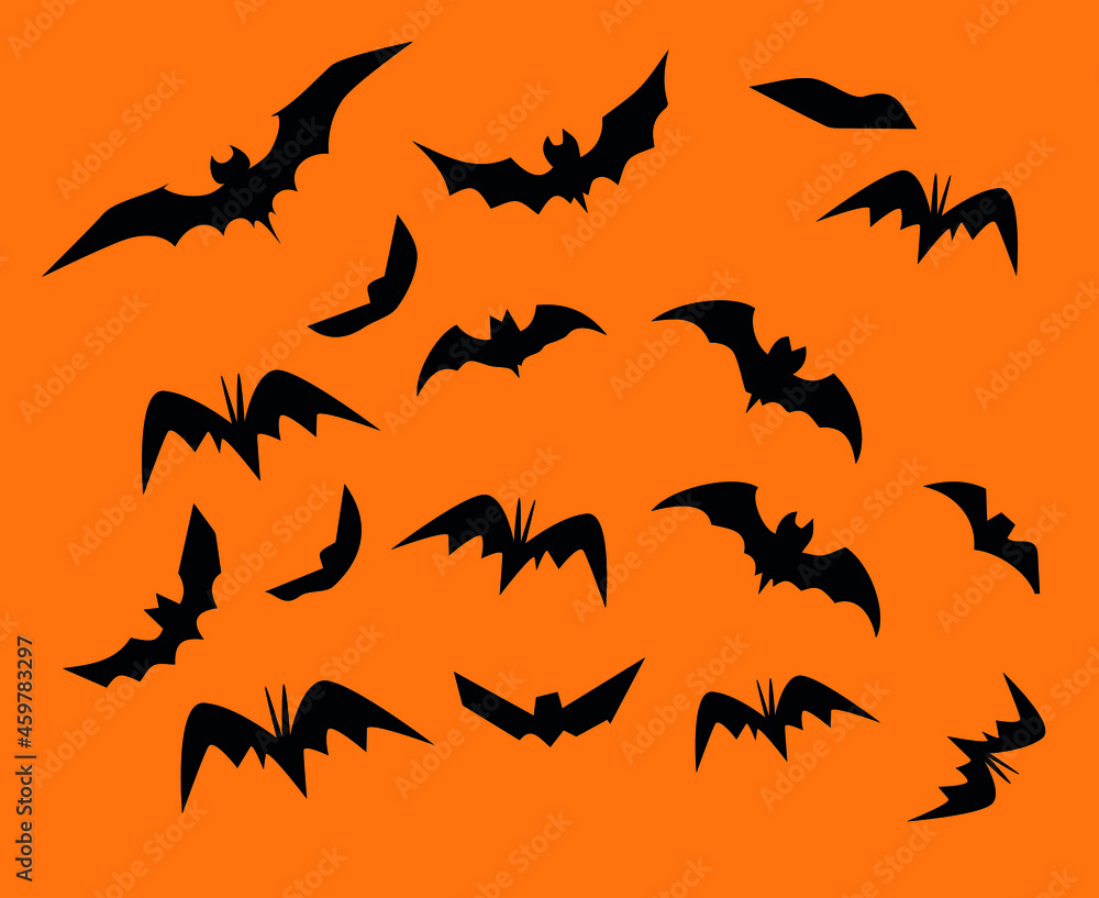 Bats Black Objects Signs Symbols Vector Illustration With Orange Background