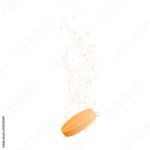 Effervescent soluble orange tablet with fizzing underwater bubbles. Medicine or vitamin pill dissolving in water isolated on white background. Vector realistic illustration.