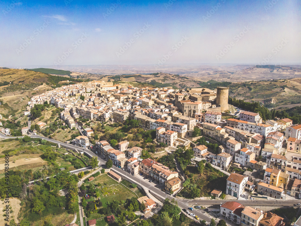 Tricarico town, Matera, basilicata region in southern Italy. Aerial view. vintage post production