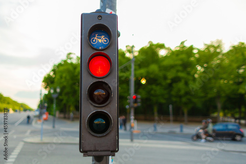 A traffic light for cyclists prohibits movement