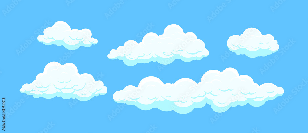 Cartoon clouds isolated on blue background. Cumulus and fluffy eddy in blue sky. Hand drawn sketch. Cloudscape 2d vector illustrations.