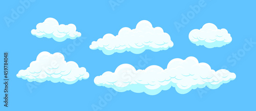 Fototapeta Naklejka Na Ścianę i Meble -  Cartoon clouds isolated on blue background. Cumulus and fluffy eddy in blue sky. Hand drawn sketch. Cloudscape 2d vector illustrations.