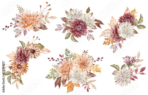 Watercolor collection of fall floral bouquets. Crimson, white and orange asters and chrysanthemums and autumn leaves isolated on the white background. © annakonchits