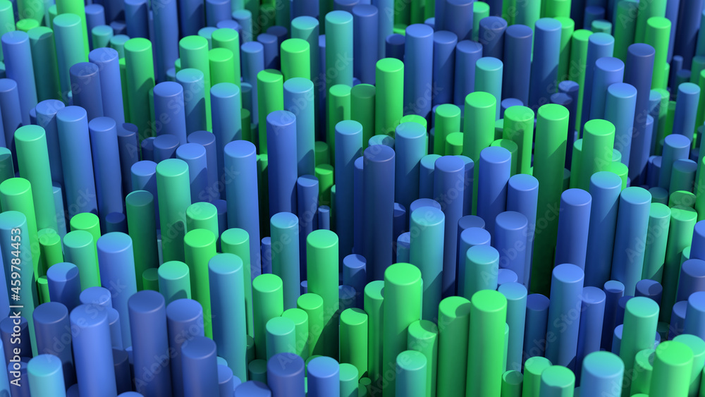 Obraz premium Group of green and blue cylinders. Abstract illustration, 3d render.