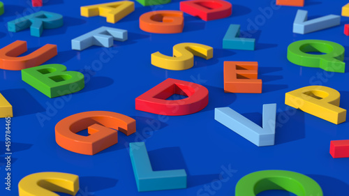 Bright colorful letters. Blue background, close-up. Abstract illustration, 3d render.