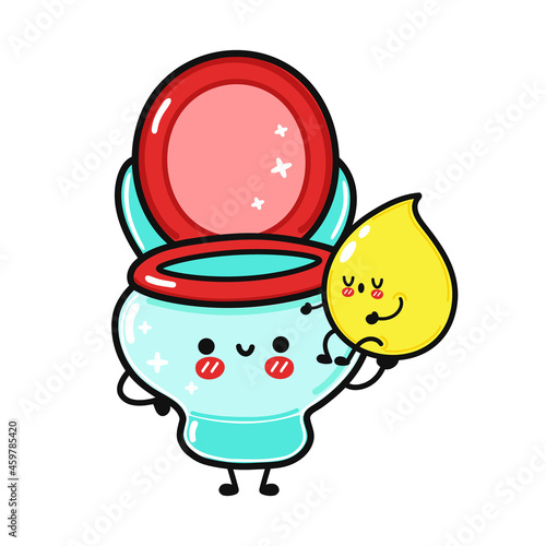 Cute, funny happy drop of urine and  toilet character. Vector hand drawn cartoon kawaii characters, illustration icon. Funny cartoon turd and drop of urine friends concept