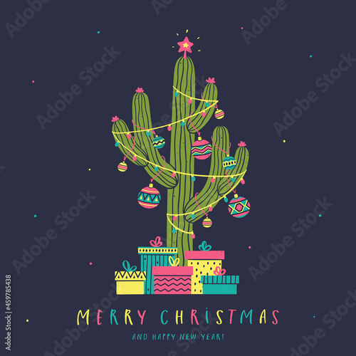 Christmas cactus with colorful balls, garlands and gifts in the Mexican style. Greeting card with a hand-drawn illustration