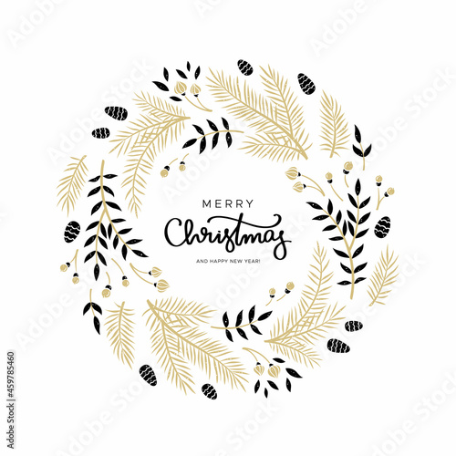Christmas wreath with branches and pine cones in gold and black color. Unique design for your greeting cards. Vector illustration in modern style.