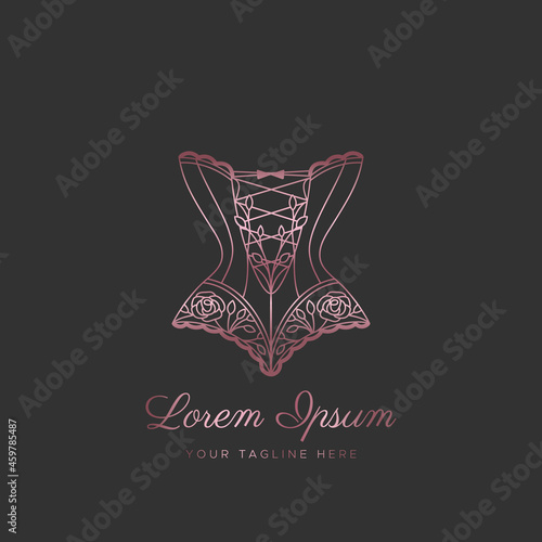 Logo for a lingerie boutique, wedding Studio, or fashion designer's salon. Vintage lace corset with pink gold lines