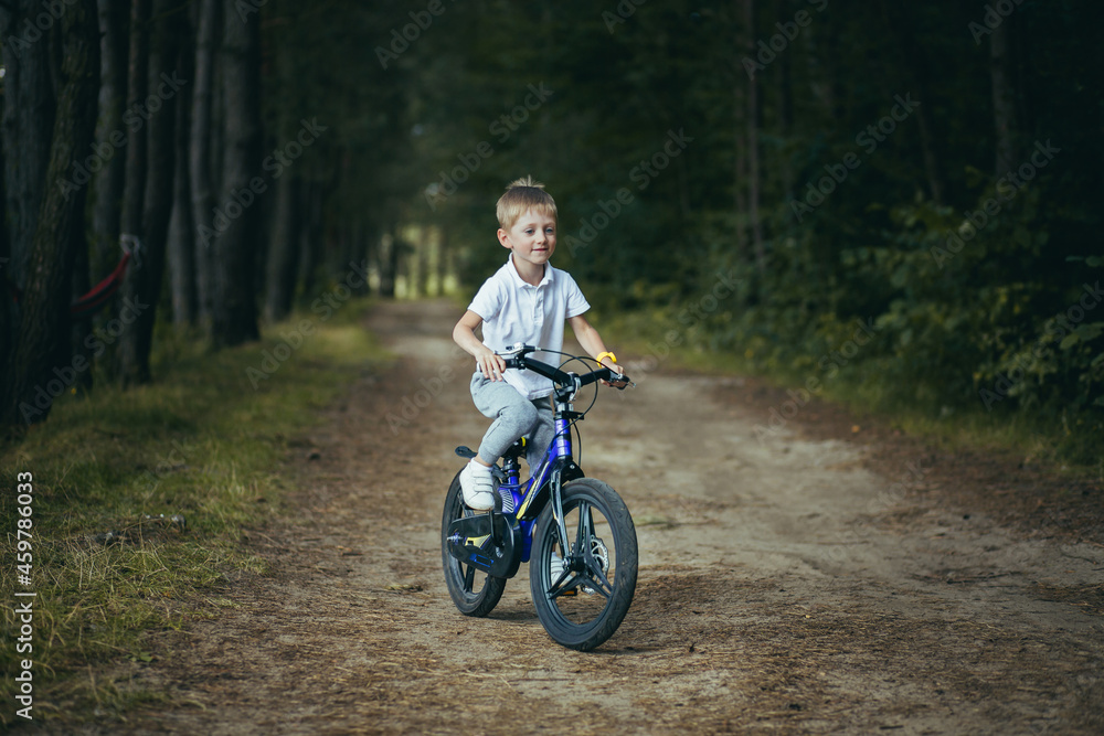 A little boy rides a bicycle in the woods A little boy rides a bicycle in the woods