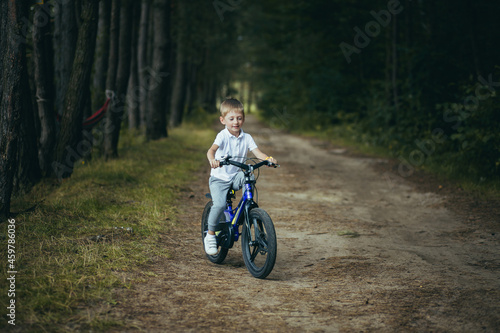 A little boy rides a bicycle in the woods