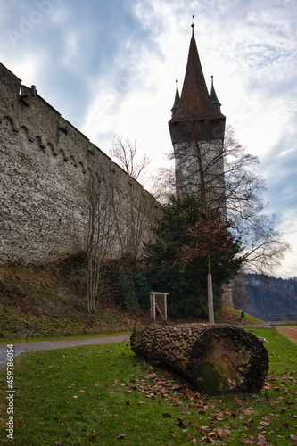 View of The Musegg wall with a tower in Lucerne, Switzerland photo