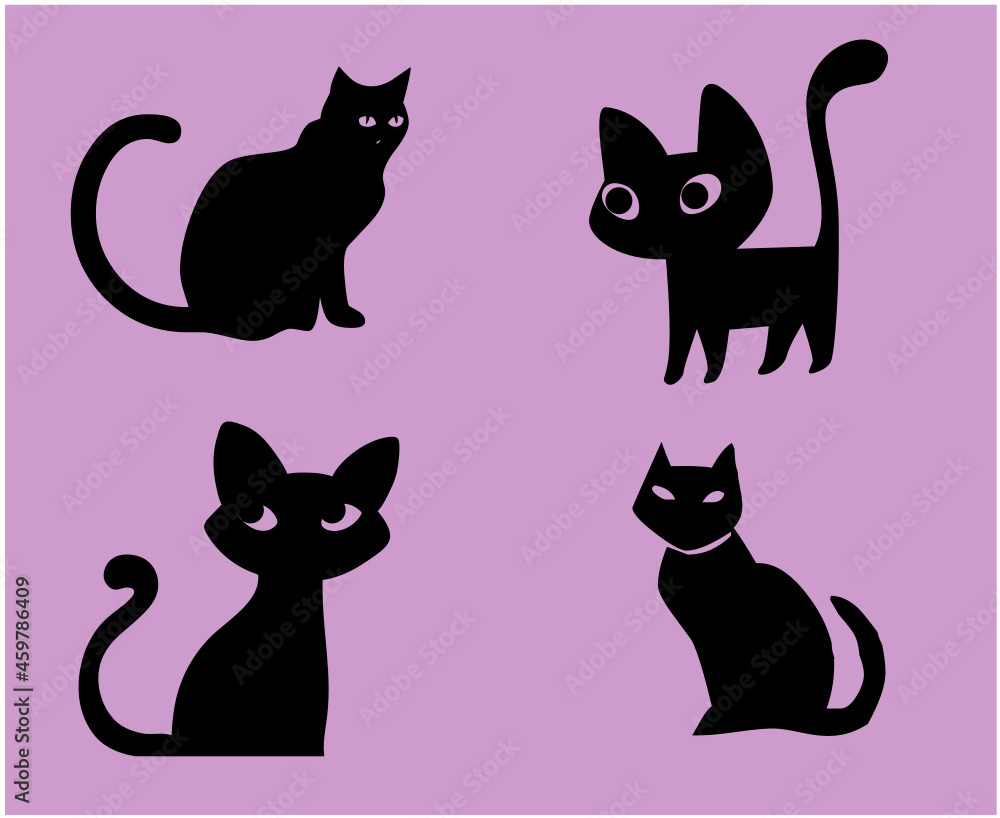 Cats Black Objects Signs Symbols Vector Illustration With Purple Background
