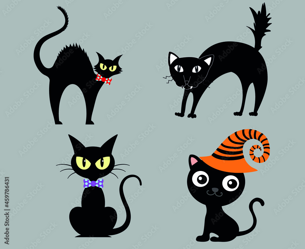 Cats Black Objects Signs Symbols Vector Illustration With Gray Background