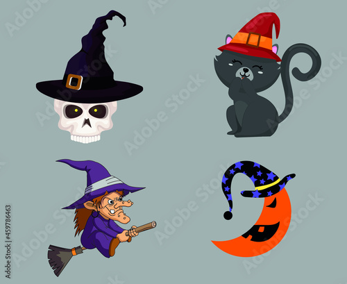 Witch Skulls And Cat Objects Signs Symbols Vector Illustration Abstract With Gray Background