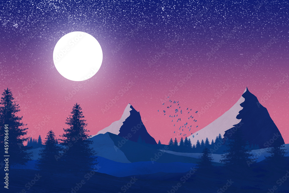 The moonlight over the mountains and the forest