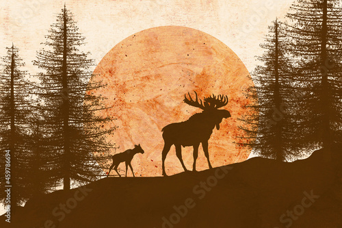 Mother moose and her cub in the mountains at sunset