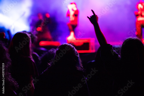 crowd at concert and silhouettes in stage lights