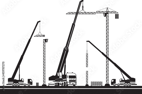 Setting up a crane on construction site – vector illustration
