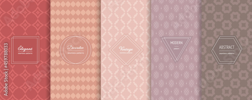 Collection of vintage geometric seamless patterns. Vector set of stylish pastel backgrounds with elegant minimal labels. Abstract ornament textures. Trendy color palette. Design for print, decoration © Olgastocker