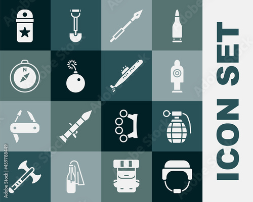 Set Military helmet, Hand grenade, Human target sport for shooting, Medieval spear, Bomb ready to explode, Compass, Chevron and Submarine icon. Vector