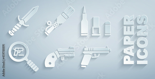 Set Small gun revolver, Bullet, Pistol or search, Anti-tank hand grenade and Military knife icon. Vector