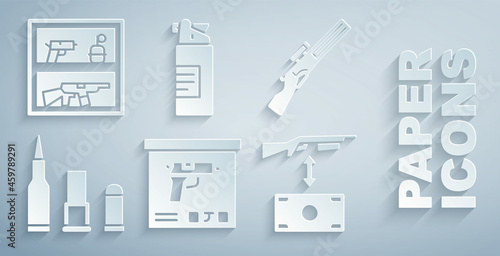 Set Military ammunition box, Hunting gun, Bullet, Buying assault rifle, Weapons oil bottle and shop weapon icon. Vector