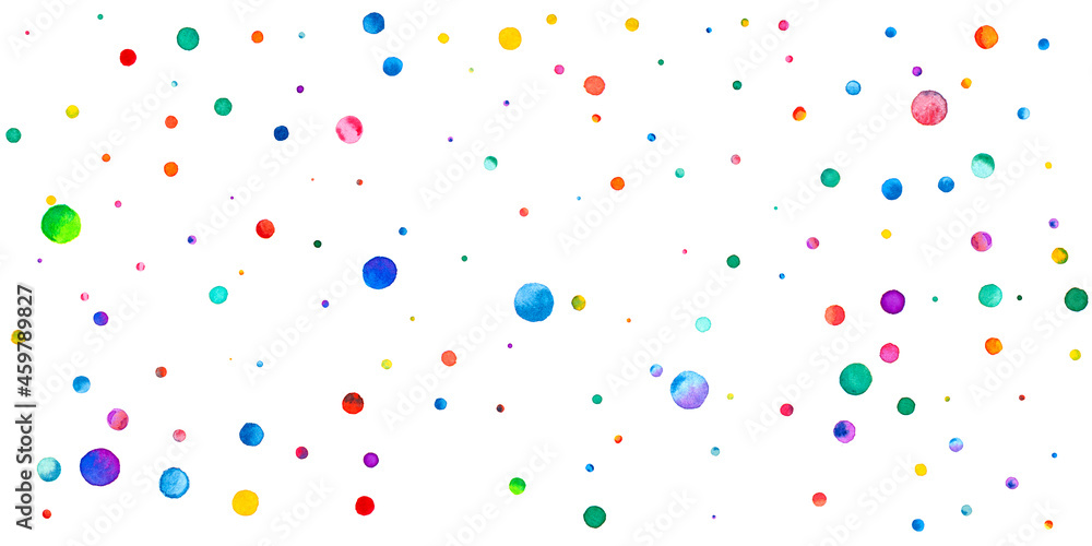 Watercolor confetti on white background. Adorable rainbow colored dots. Happy celebration wide colorful bright card. Fantastic hand painted confetti.
