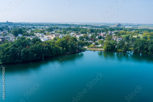 Aerial view of pond near the Sayreville New Jersey small American town residential community