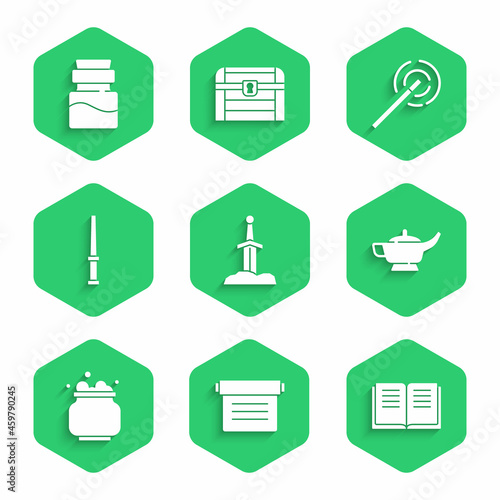 Set Sword in the stone, Ancient magic book, Magic lamp Aladdin, Witch cauldron, wand, and Bottle with potion icon. Vector