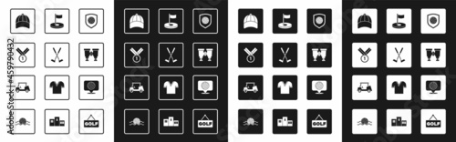 Set Golf ball with shield, Crossed golf club, Medal, Baseball cap, Binoculars, hole flag, label and car icon. Vector